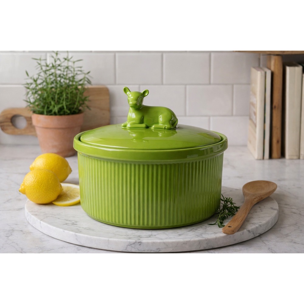 Martha Stewart Green Cow Casserole Dish Lid Ceramic 9" Farmhouse‎ Decor
